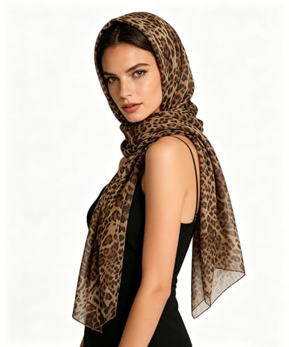 Leopard Print Long Scarf for Women – Lightweight Chiffon Cheetah Shawl Neck Scarf Soft Animal Print Scarves Headscarf Wrap for Spring Summer Beach Travel