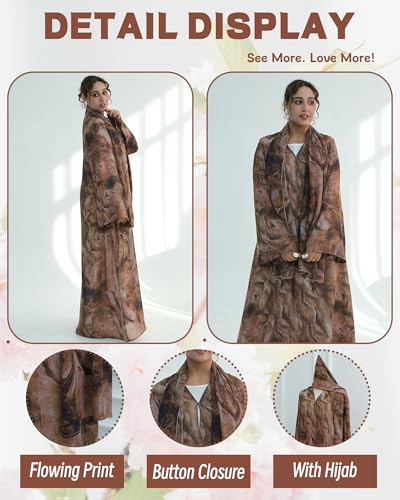 Modest Cardigan Set Women Muslim Dress with Soft Hijab Scarf Islamic Outfits Open Abaya For Eid, Ramadan, Umrah, Hajj - color: Coffee, size: XL(58)