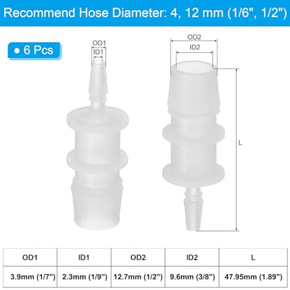 PATIKIL 1/6" to 1/2" 6 Pcs Plastic Hose Barb Fittings, Reducer Tube Fittings Pipe Adapter Union Splicer Joint Kit for Air Gas Water System Liquid Fuel Line Aquarium Tube Pump - size: 1/6"-1/2",(0.69"x1.89")