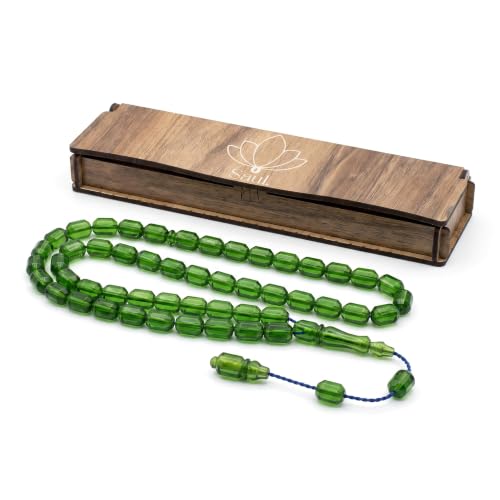 Saul Handmade 33 Beads Tasbih, Amber Phenolic Resin Islamic Prayer Beads with System Tassel, Pointed Capsule Cut Misbaha in Wooden Gift Box - color: Marbled Emerald Green
