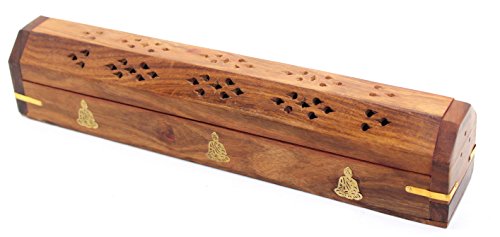 Govinda® Wooden Coffin Incense Burner - 12" Buddha - Brass Inlays - Storage Compartment - style: Buddha
