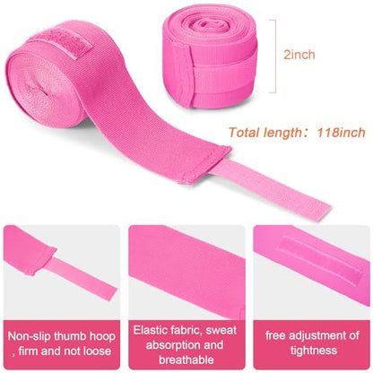Junkin 6 Pcs Boxing Set 1 Pair of 16oz Gloves and 4 Pcs 118 in Hand Wraps for Adult Boxing Training Shockproof Gloves Training Beginner Practice Muay Thai Kickboxing Gift - color: Hot Pink