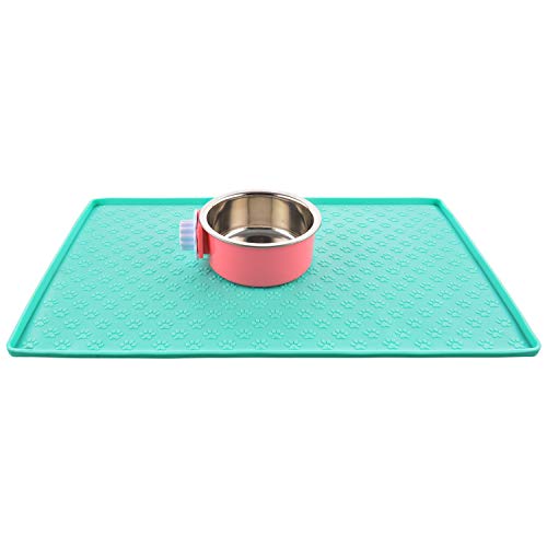 Silicone Cat & Dog Bowl Mat, Non-Slip Pet Feeding Mat - Waterproof Dog & Cat Placemat (18.5"x11.8", Mint Green Paw Pattern) - color: Mint Green Paw Pattern, size: 18.5"x11.8"