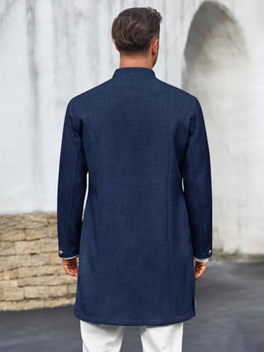 Runcati Mens Kurta Coats Indian Mandarin Collar Attire Ethnic Outfits Wedding Festive Party Clothing Casual Kaftan Robe - color: Navy, size: Medium