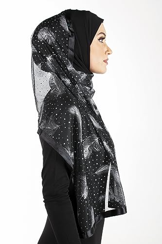 Stylish Mona Hijab Women's Black Kuwaiti with Chiffon Wrap Shawl & Satin Trim - color: Black With Silver Feathers