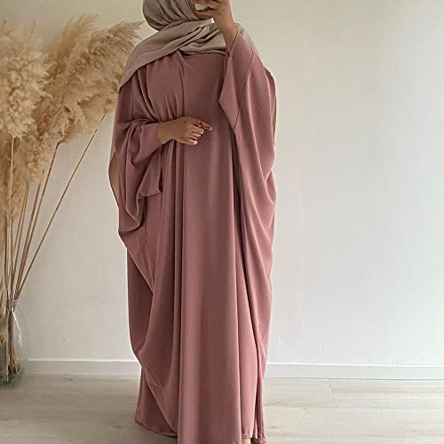 Muslim Dress for Women Pakistani Kaftan Abaya Robe + Hijab Arabic Islamic Prayer Clothes Dubai Outfits - color: Pink Set