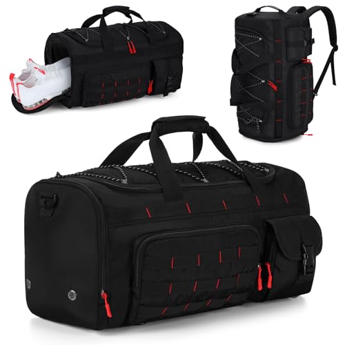 Gonex 45L Tactical Duffel Bag, 3-in-1 Convertible Carry-On Gym Bag for Men with Red Zipper Pull, Shoe Compartment, Gear Loops, Water-Repellent Travel Bag (Black with Red Accents) - color: Black with Red Accents, size: 45L