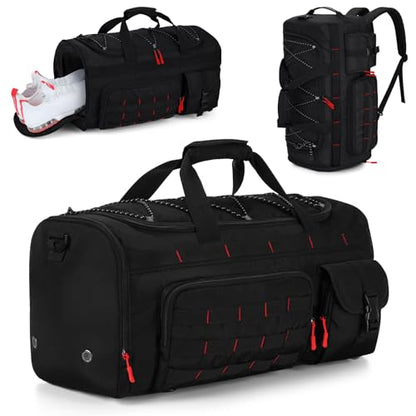 Gonex 45L Tactical Duffel Bag, 3-in-1 Convertible Carry-On Gym Bag for Men with Red Zipper Pull, Shoe Compartment, Gear Loops, Water-Repellent Travel Bag (Black with Red Accents) - color: Black with Red Accents, size: 45L