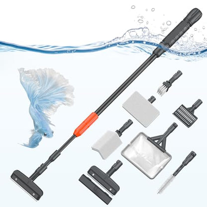 Pawfly Aquarium Cleaning Tools, 7 in 1 Fish Tank Cleaning Kit, Algae Scraper, Sponge Scrubber Pad, Brush, Gravel Rake & Fish Net with Adjustable Long Handle, Tank Cleaner Set