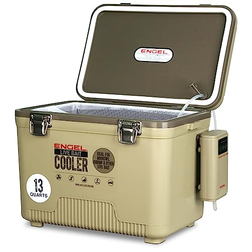 ENGEL Live Bait Cooler PRO for Fishing - Portable Minnow and Bait Bucket with Lithium-Ion Rechargeable Aerator - color: Tan, size: 13 Quarts