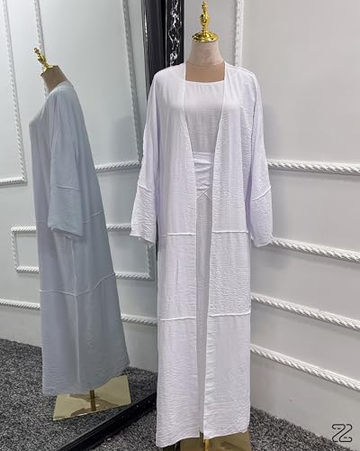 Abaya Muslim Prayer Dress Set Ramadan Open Front Islamic Clothing 3pcs Prayer Robe with Waist Apron Loose Flowy - color: White, size: Large