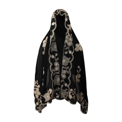 OhMill Black Hijab Scarf Soft Floral Embroidered Chiffon Headscarf Lightweight Lace Scarves Long Shawl Wrap for Women Wedding - color: Flower 1