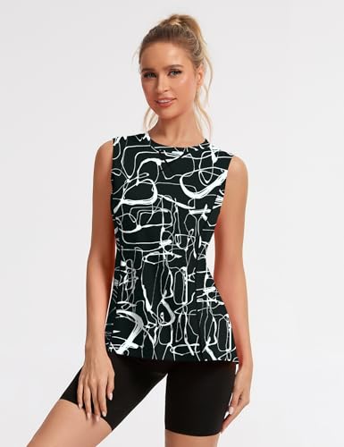 Avoogue Womens Tank Tops Sleeveless Workout Tank Tops Quick Dry UPF 50+ Sun Athletic Shirts Running Gym Yoga Baseball Clothes - color: Black Background With White Stripes, size: Medium