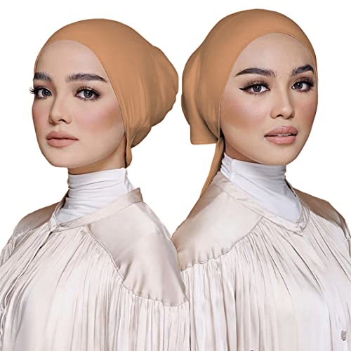 3PCS Under Hijab Head Cap Muslim Under Scarf Hijab Solid Color Women Under Scarf Hat Stretchy Sleeping Cap - color: Camel,beige,pink