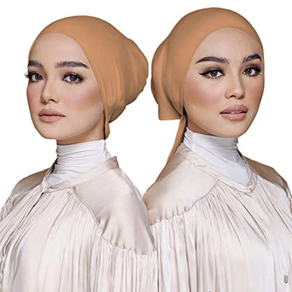 3PCS Under Hijab Head Cap Muslim Under Scarf Hijab Solid Color Women Under Scarf Hat Stretchy Sleeping Cap - color: Camel,beige,pink