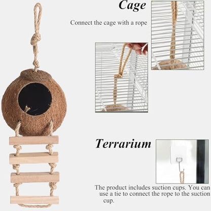 HERCOCCI Gecko Tank Accessories, Hermit Crab Toys Coconut Shell Natural Coconut Husk Hut with Climbing Ladder with Suction Cup for Leopard Gecko Snake Reptiles