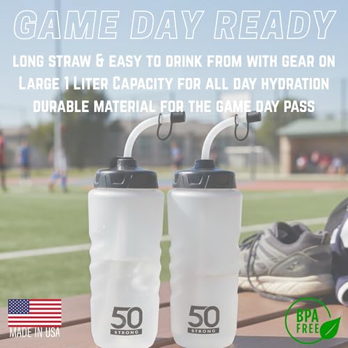50 Strong 1 Liter Water Bottle with Straw – 2-Pack Easy-Squeeze Sports Bottles with Long Straw & Built-In Finger Grip – BPA-Free – Made in USA – Ideal for Hockey, Football, Lacrosse & Boxing - size: 2 Pack