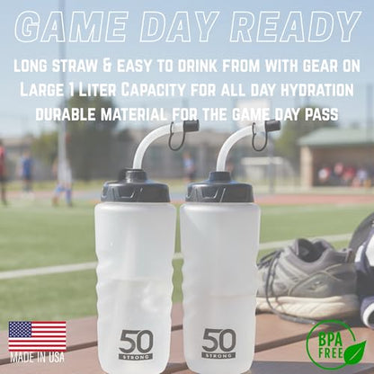 50 Strong 1 Liter Water Bottle with Straw – 2-Pack Easy-Squeeze Sports Bottles with Long Straw & Built-In Finger Grip – BPA-Free – Made in USA – Ideal for Hockey, Football, Lacrosse & Boxing - size: 2 Pack