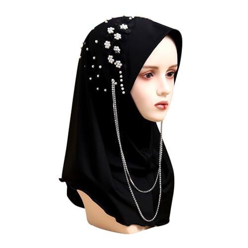 RARITYUS Women Bling Rhinestone Pearl Instant Scarf Muslim Hijab Fashion Shawl Head Wrap Turban Cap with Flower Accent - color: Black
