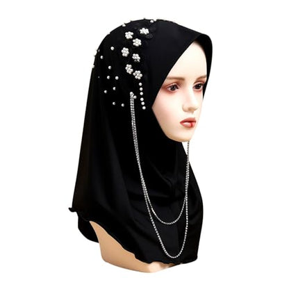 RARITYUS Women Bling Rhinestone Pearl Instant Scarf Muslim Hijab Fashion Shawl Head Wrap Turban Cap with Flower Accent - color: Black