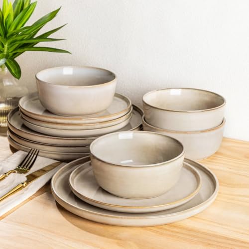 AmorArc Stoneware Dinnerware Sets for 8, 24 Piece Plates and Bowls Sets - color: Cappuccino, size: Service for 8
