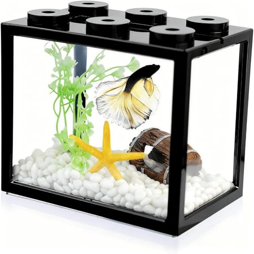 Small Betta Fish Tank, Stackable Mini Fish Tank Tiny Aquarium Kit with Aquarium Gravel & Resin Decorations, 0.6 Gallon Cube Desktop Fishbowl for Snails, Crabs, Starfish (Black) - color: Black