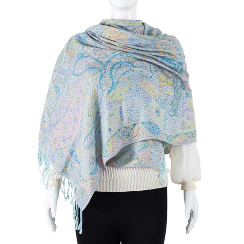 TUSHUSTY Pashmina Feel Shawls Wraps Rave Scarf for Women Soft Silky Reversible Men Scarves Hijab - color: Light Blue Yellow