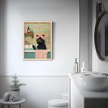 ICHZUMW Framed Funny Black Cat in Bathtub Canvas Bathroom Wall Art 12x16 In - color: Spa Kitty, size: 16"L x 12"W