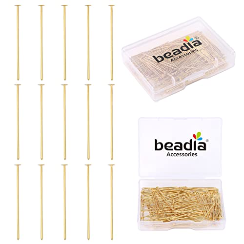 BEADIA 14K Gold Plated Flat Head Pins Non Tarnish 30mm 200pcs for Jewelry Making Findings - color: Flat Head Pins 14k Gold, size: 30x0.7mm