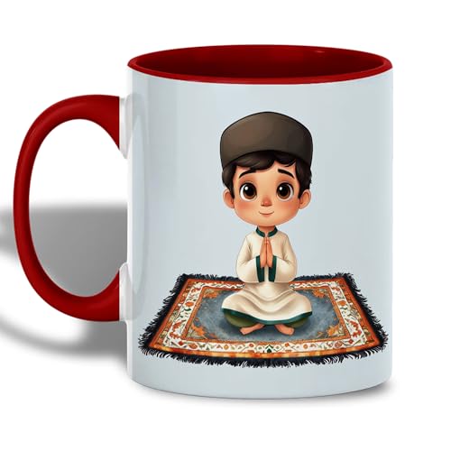 Muslim Prayer Mug, Islamic Coffee Mug, Ramadan Gift, Eid Celebration Drinkware, Boy Praying on Prayer Mat, Spiritual Islamic Art, Elegant Minimalist Design, Ceramic Tea Cup for Home and Office