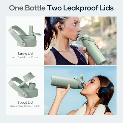BUZIO 24 oz Water Bottle Insulated, Leakproof Stainless Steel Flask (Cold for 48 Hrs), Wide Mouth BPA-Free Metal Thermo Hydro Canteen with 2 Lids, Sage Green - color: Sage Green, size: 24 Ounces