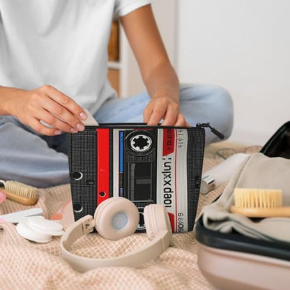 Red Tape Cassette Label Fake Hemp Makeup Bag Travel Bags Toiletry Pouch With Zipper 9.45 X 6.7 In - color: Red Tape Cassette Label