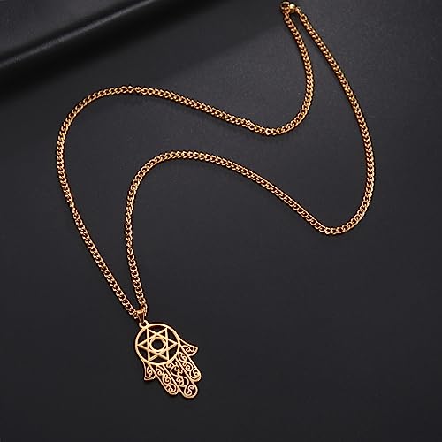 Hamsa Hand of Fatima Hexagram Necklace Star of David Evil Eye Pendant Jewish Female Protection Amulet Symbol Jewelry Women Men - color: gold