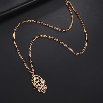 Hamsa Hand of Fatima Hexagram Necklace Star of David Evil Eye Pendant Jewish Female Protection Amulet Symbol Jewelry Women Men - color: gold