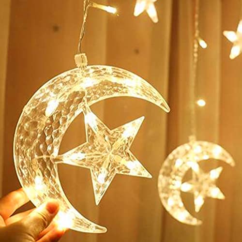 Keebgyy Star Moon String Lights, LED Curtain Lights, Moon String Lights for Crescents Party, Wedding, Christmas, Thanksgiving, Suitable for Rooms, Dorm, Living Rooms, 126LED Decorative String Lights