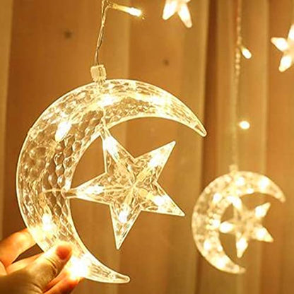 Keebgyy Star Moon String Lights, LED Curtain Lights, Moon String Lights for Crescents Party, Wedding, Christmas, Thanksgiving, Suitable for Rooms, Dorm, Living Rooms, 126LED Decorative String Lights