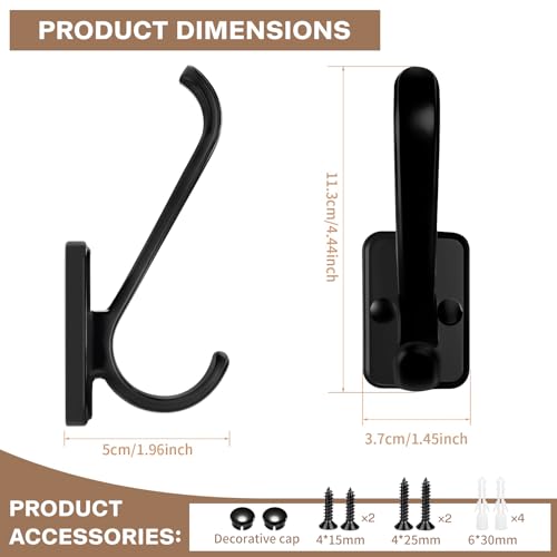 Coat Hooks Wall Mount Heavy Duty - Metal Towel Hooks With Concealed Screw Design Matte Black Wall Hooks for Hanging Towel, Key, Robe, Scarf, Garage Entryway Closet Mudroom Bathroom (8, Black)