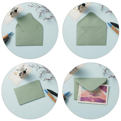 100 Pack Mini Envelopes with Blank Note Cards, Sage-Green | 4 x 2.7 Inches, Self-Adhesive, Small Business Card Size - color: Sage-Green