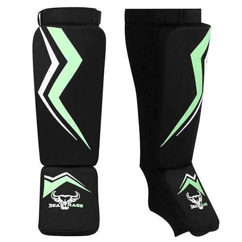 BEAST RAGE Shin Guards for Kickboxing, Instep Sleeves Pads for Muay Thai MMA Training, Martial Arts Boxing, Elasticated Padded Leg Foot Protector for Karate BJJ Taekwondo Gear