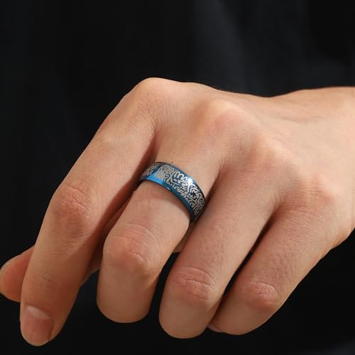 Hipunk Stainless Steel Islamic Muslim Shahada Ring - Mohammad Arabic Letter Rings Band Prayer Religious Calligraphy Ayatul Kursi Allah Rings Eid Ramadan for Men Women Size 9-12 - color: blue