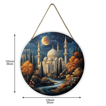 Starry Sky Mosque with Glowing Dome & Flowing River Scene Sign, Farmhouse Wood Decor, Rustic Hanging Plaque for Entryway, Living Room, Dining Room, 12x12 Inch