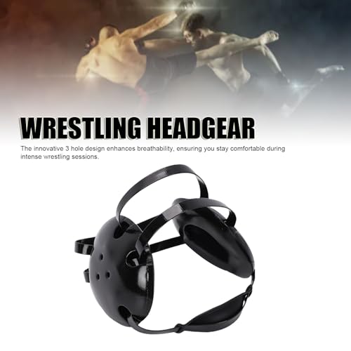 11 Holes Adjustable Wrestling Headgear with Chin Pad, Breathable Protective Grappling Ear Guard Soft Shockproof Safety Head Protector for Adult Men Women Training Black