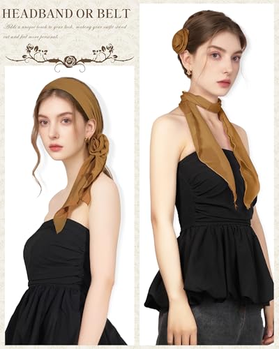 Chiffon Scarf for Women, Removable Flower Neck Scarf Light Soft Fashion Rose Scarves Versatile Headband or Hair Band - color: Brown