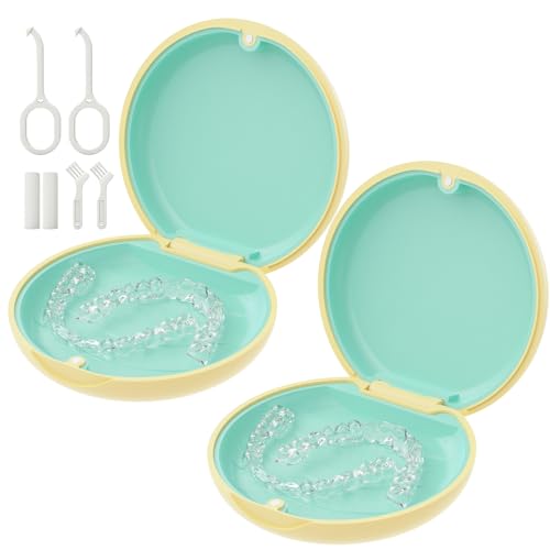2 Pack Retainer Case, Slim Aligner Case for Invisalign with Tool Kit | 2 Pack Slim Magnetic Retainer Case for Invisalign • Pocket-Size for Travel • Full Kit: Removal Tool, Seater & Brush - color: 2 Pack - Lemon Yellow & Seafoam