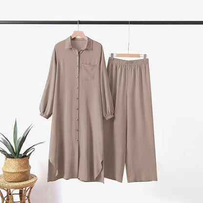 Women's Muslim 2 Pieces Sets Long Sleeve Button Down Shirt and Pants Abaya Casual Dress Dubai Outfits - color: Khaki, size: 3X-Large