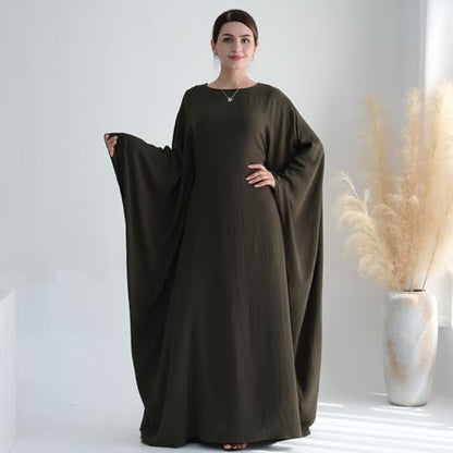 Women Muslim Abaya Dress 1Piece Bat Sleeve Islamic Maxi Robe Fashion Jilbab for Women Eid Kaftan Muslim Robe - color: Army Greena, size: Medium