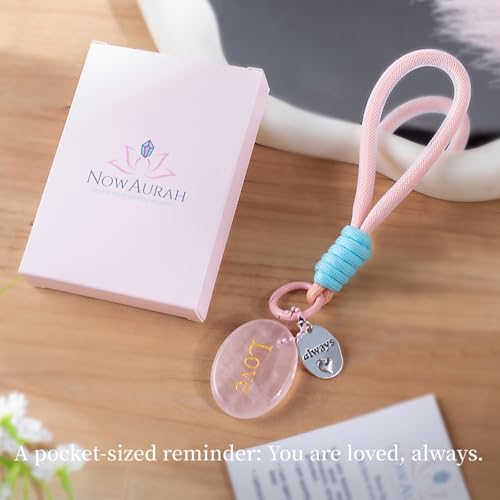 Crystal Keychain Set - Natural Healing Stones with Affirmation Cards- Worry Stone Anxiety Relief Gift - color: Rose Quartz