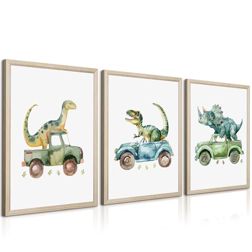 Dinosaur Nursery Wall Art Kids Canvas Poster Baby Boy Nursery Wall Decor Green Dino Pictures Toddler Prints Cartoon Dino Car Painting Boys Room Artwork for Bedroom Bathroom 12x16x3 Inch White Framed - color: Dinosaur Car Prints, size: 12"x16" Framed