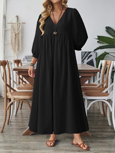 Celmia Autumn Solid Loose Long Maxi Dress Cotton Caftan - color: Puff Black, size: X-Large