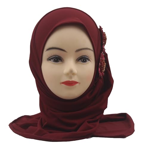 Soft Instant Hijab for Kids Girls Muslim Headscarf Islamic Scarf Shawl Wrap with Flowers - color: Wine Red-2 Flowers